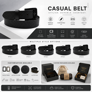 Cinturón de Cuero Casual Negro Premium para Hombre, 40 mm de Ancho, Hebilla con Recubrimiento en Polvo, Cinturón para Uso Diario - Product Image 6