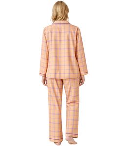 Ensemble de pyjama pour femmes à carreaux pêche et orange personnalisé, manches longues, boutonné, vêtements de nuit en coton doux, ensemble de vêtements de détente en deux pièces - Product Image 2