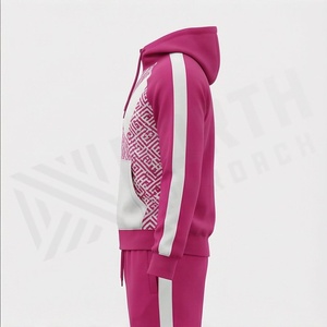 Unisex Hooded <b>Tracksuit</b> Full Zip Geometric Print Sporty Design <b>Pink</b> White Polyester Autumn Wear Adults Regular Fit Side Pockets - Product Image 3