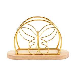 Porte-serviettes papillon doré, design ailes en fil métallique, base ovale en bois, finition métallique artistique, élégant organisateur de table à manger, durable - Product Image 1