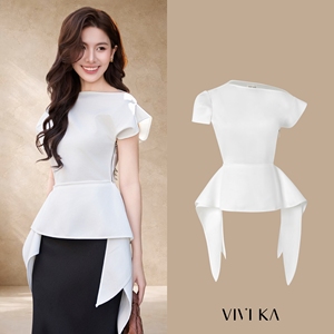 Chemisier asymétrique à volants pour femme, blanc uni, à manches courtes, élégant, décontracté, style peplum, en polyester tissé LUMI - Product Image 1