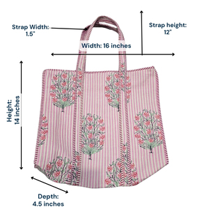 Sac fourre-tout d'été à rayures florales imprimé au bloc de Jaipur + Trousse de toilette assortie à fermeture éclair en pur coton écologique matelassé et durable - Product Image 2