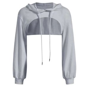 Sweat-shirt à capuche court en molleton noir 100 % coton pour femme, à manches longues, avec blocs de couleur, tricoté, idéal pour l'été - Product Image 1