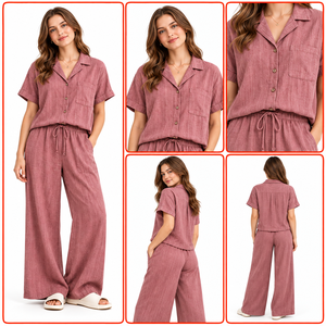 Wholesale <b>Womens</b> Soft Dusty Rose Front Wide Leg Pajama <b>Set</b> Short Sleeve Button Shirt Pants OEM ODM Custom Loungewear - Product Image 6