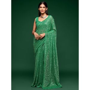 Lovely Mint Green Lentejuelas Georgette Party Wear Saree - Product Image 3
