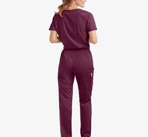 Ensemble de blouses médicales pour femmes, col en V, manches courtes, pantalon, coton et polyester tissé, couleur bordeaux - Product Image 2