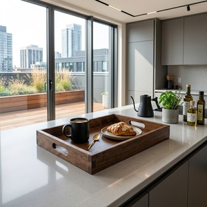 Plateau de service rectangulaire en bois de teck massif de qualité alimentaire avec poignées, plateau en bois naturel fait à la main, accessoire de cuisine, ensembles de présentation - Product Image 3