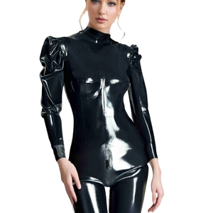 Combinaison moulante noire en PU à col roulé et manches longues bouffantes à volants pour femme, coupe ajustée, longueur intégrale, idéale pour les soirées - Product Image 3