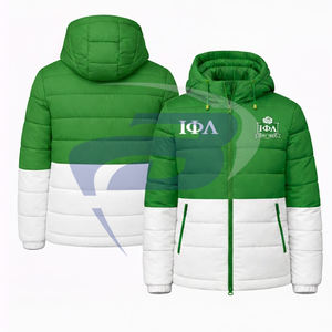 Veste matelassée d'hiver chaude à capuche verte et blanche Iota Phi Lambda Sorority, style streetwear, avec logo frontal et design grec personnalisé pour sororité - Product Image 3