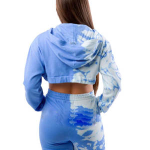 Ensemble deux pièces tricoté pour femme, crop top à capuche en polaire tie-dye bleu et blanc, manches longues, avec poches, style décontracté printemps-été, vêtement de sport - Product Image 3