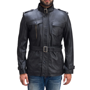 <b>Men</b>’s Black Genuine Leather Utility Jacket Buckle Stand Collar Belted Waist Multi Pocket Premium Casual Winter <b>Coat</b> - Product Image 6