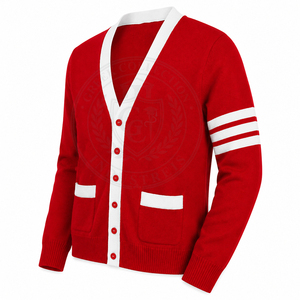 Cárdigan Rojo de Punto para Mujer, Cuello en V, Manga Larga, Botones en Contraste, Bolsillos Delanteros, Estilo Preppy, para Todas las Temporadas - Product Image 3