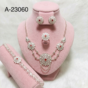 Reunion Luxury Ethnic Silver Filigree Jewelry <b>Set</b> Floral Necklace Drop Earrings <b>Bracelet</b> Red Rhinestones Wedding Model No. 23032 - Product Image 4