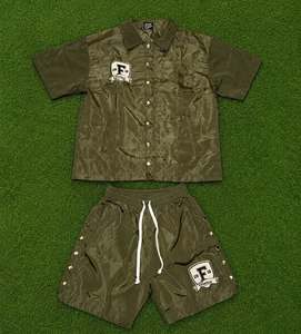 Fashion Men Two Piece Nylon Shorts Set Custom Logo Button <b>Down</b> Shirt and Beach Shorts Streetwear Outfit Trendy Summer Co Ord Set - Product Image 5