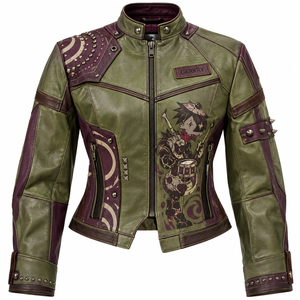 Olive Green Plum <b>Women</b> Leather Jacket Graphic Printed Biker Studded Stand Collar <b>Coat</b> OEM Custom Order Wholesale Manufacturer - Product Image 1