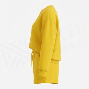 Ensemble de survêtement jaune 2 pièces pour femme, col rond, manches longues, short, coupe ample, décontracté, couleur unie, tricoté en coton, printemps-été - Product Image 3