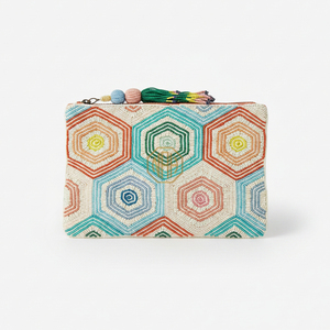 <b>Beaded</b> Geometric Pattern Clutch Bag with Tassel Zipper Closure Bohemian Style Daily Use - Product Image 1