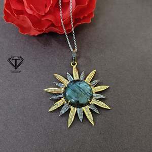 Natural <b>Labradorite</b> Pave Diamond Solitaire Charm <b>Pendant</b> Number Pattern Gemstone Jewelry - Product Image 3