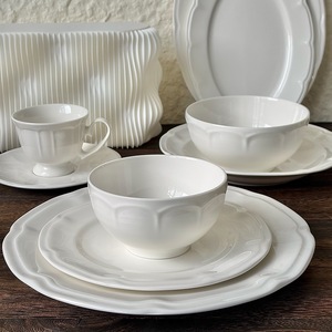Elegant White Porcelain Oval Plates Bowls Embossed Scalloped Edge Durable BPA Free Leak-Proof Dishwasher Safe Dinnerware <b>Sets</b> - Product Image 1