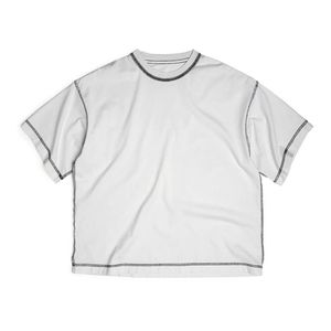 เสื้อยืดโอเวอร์ไซส์สีขาวสำหรับผู้ชาย แขนสั้น คอกลม แต่งขอบตัดกัน ลายถัก พร้อมโลโก้ด้านหน้า เป็นมิตรต่อสิ่งแวดล้อม - Product Image 1