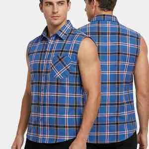 Camisa de Franela a Cuadros sin Mangas para Hombre, Estilo Primavera, de Algodón, Azul, Casual, con Botones, Cuello Camisero, Transpirable - Product Image 3