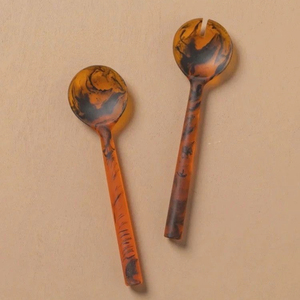 Ensemble de couverts à salade en résine écologique marron ambré, motif marbré, cuillère et fourchette à salade pour la maison, les fêtes et les hôtels - Product Image 1