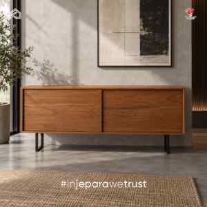 Buffet moderne en teck massif avec portes coulissantes, meuble de rangement en bois minimaliste pour salon, mobilier d'hôtel - Product Image 1
