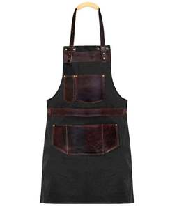 Delantal de cuero duradero para taller, cocina y manualidades, con correas ajustables, múltiples bolsillos y protección completa contra [detergentes/daños]. - Product Image 5