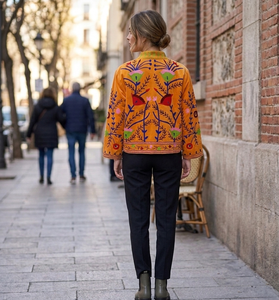 Women's Finished Suzani Embroidered Woven Velvet <b>Mandarin</b> <b>Collar</b> Pullover <b>Jacket</b> Handmade Floral Short Cotton Lined Boho Winter - Product Image 3