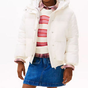 White Hooded Puffer Jacket Button Closure Windproof <b>Thick</b> <b>Winter</b> <b>Coat</b> Unisex Casual Solid Color Regular Fit Short Length - Product Image 5