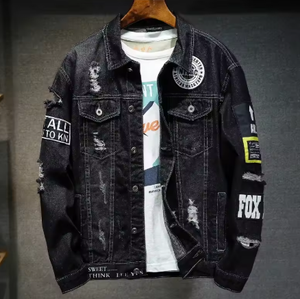 <b>Mens</b> <b>Denim</b> <b>Jacket</b> Casual Turndown Collar Ripped Patchwork Design Single Breasted Autumn Style Regular Fit - Product Image 2