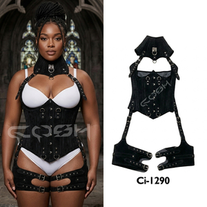 Corset sexy en daim noir pour femme, avec armatures en acier, harnais pour les jambes et le cou - Product Image 5