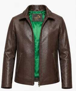 Veste en cuir marron gaufré pour homme Champ King avec doublure en satin vert, col montant et fermeture éclair - Product Image 2