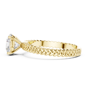Anillo de compromiso solitario de oro amarillo con diamante de corte ovalado y banda acanalada esculpida, joyería clásica para mujer - Product Image 3