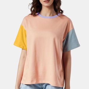Camiseta de Cuello Redondo con Bloques de Color para Mujer, Manga Corta, Corte Holgado, Informal, Primavera Verano, 100% Algodón Jersey, Transpirable - Product Image 3