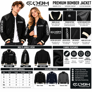 เสื้อแจ็คเก็ตบอมเบอร์สีดำ Cosh International สำหรับผู้ชายและผู้หญิง พิมพ์ลายตัวอักษร คอตั้ง ปิดด้วยกระดุม สไตล์ไฮสตรีท สำหรับฤดูใบไม้ร่วงและฤดูใบไม้ผลิ ลำลอง - Product Image 6