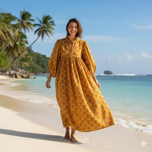 Vintage Women Yellow Cotton Floral Block Print <b>Dress</b> With Puff Sleeve <b>Loose</b> Fit V-Neck Casual Summer <b>Dress</b> - Product Image 1