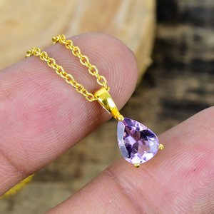 Natural Purple Amethyst Pear Shape Charm Gemstone <b>Chain</b> Necklace 18k Gold Micron Over 925 Sterling Silver - Product Image 1