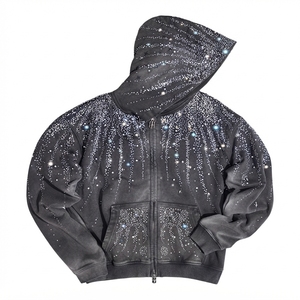 Sweat-shirt à capuche zippé pour homme 100% coton noir avec strass, style décontracté pour l'automne, design tricoté oversize - Product Image 1