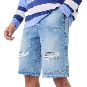 Pantalones Cortos Anchos de Mezclilla para Hombre, Color Azul Claro, Estilo Relajado, Rígidos, Desgastados, Tipo Carpintero, 100% Algodón, con Bolsillos Utilitarios y Detalles Desgastados - Product Image 1