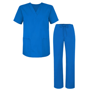 Blue V-Neck <b>Scrub</b> Top With Pants Set Hospital <b>Uniforms</b> Unisex Woven Fabric Cotton Polyester - Product Image 6