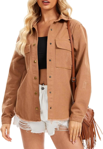 แจ็คเก็ตยีนส์ผู้หญิงคุณภาพสูง แขนยาว สไตล์คลาสสิค แต่งขาดแบบ Distressed ทรง Trucker ผ้าฝ้ายระบายอากาศดี ราคาประหยัด - Product Image 5