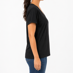 Camiseta de Mujer con Cuello en V, 100% Algodón, Sólida, Transpirable, Ecológica, Manga Corta Enrollada, Tejido de Punto, Corte Regular, Ropa Casual de Verano - Product Image 2
