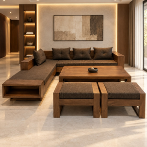 Juego de Sofá Esquinero de Madera Premium con Cojines de Tela Oscura, Mesa de Centro y Otomana a Juego para Salón de Hotel o Apartamento Moderno - Product Image 3