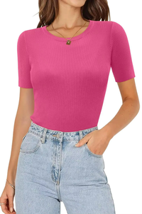 Camiseta de Verano con Cuello Redondo, Tejido Acanalado, Corte Ajustado, Estilo Casual Básico - Product Image 3