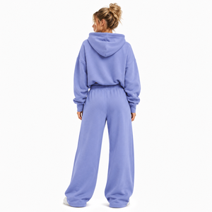 Sudadera con capucha oversize de algodón premium con gráfico de letras universitarias en arco de color liso para mujer, pantalones deportivos de pierna ancha, MOQ bajo - Product Image 2