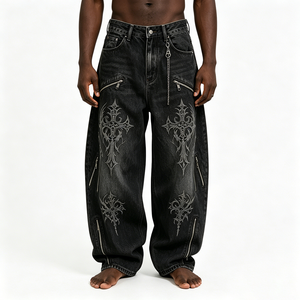 Jean baggy noir délavé en denim gothique avec broderie croisée et fermeture éclair pour le streetwear - Product Image 3