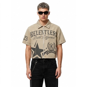 Veste en jean délavé 100 % coton pour homme, personnalisée, à manches courtes, avec fermeture éclair sur le devant, imprimée, style streetwear, pour toutes les saisons – Fournisseur en gros - Product Image 1