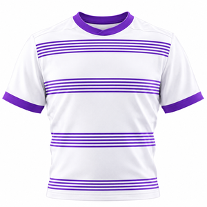 Ensemble de maillot de rugby rayé blanc et violet personnalisé par sublimation, respirant, à manches courtes, avec logo et design de couleur personnalisés - Product Image 2