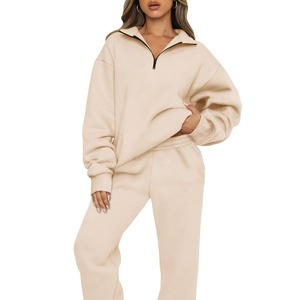 Women's Oversized Black Knitted Sweatshirt Set <b>Drop</b>-Shoulder Full Sleeve <b>Stand</b> Collar Zipper Joggers Autumn Wear - Product Image 2